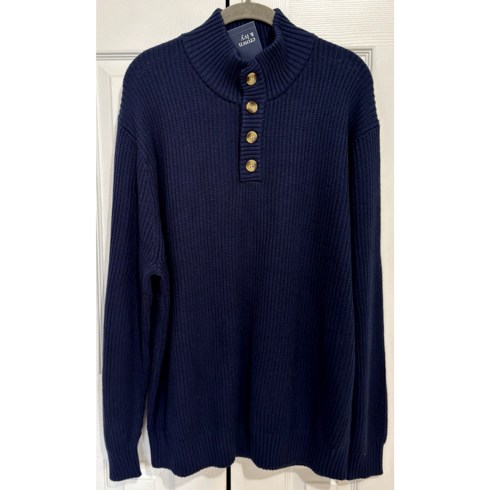 NEW Crown & Ivy Men’s Cotton Blend Navy Blue Sweater Size XL Button Neck NWT